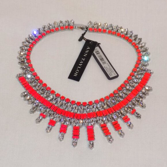 New $148 Ann Taylor Pronged Crystal & Neon Pink Statement Bling Collar Necklace - Picture 4 of 9